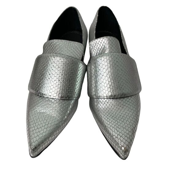 Rodarte Shoes Size 38.5 US 8.5 Silver Metallic Snakeskin Embossed Pointed - Picture 2 of 5